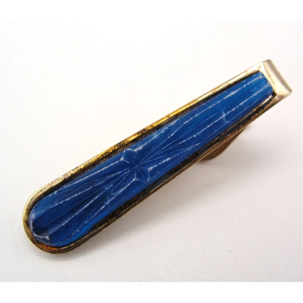Vintage Swank MCM Cobalt Blue Starburst Atomic Cufflinks Tie Bar Set Gold Tone